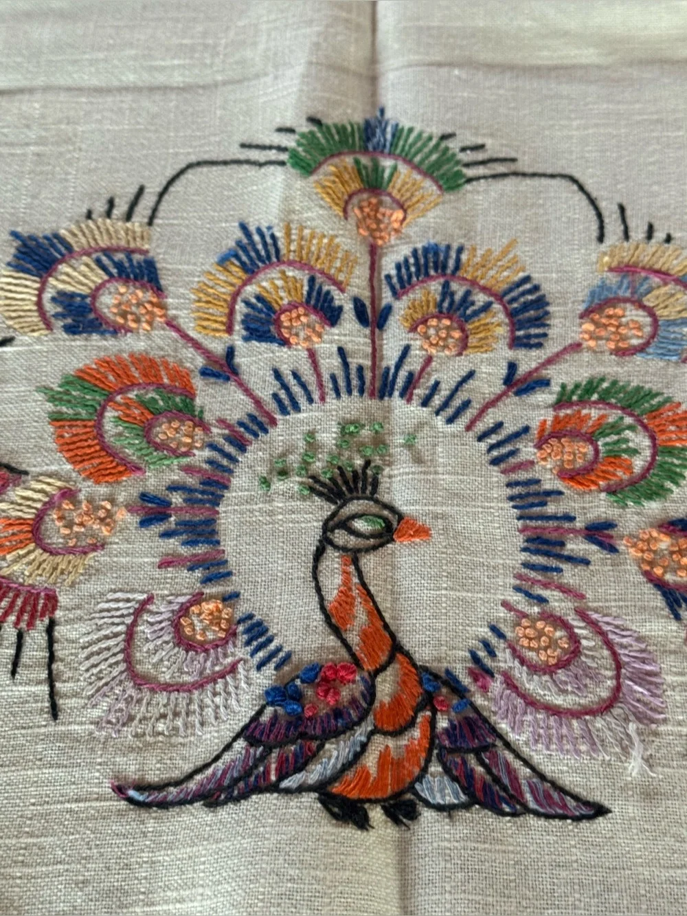 Antique Vintage Embroidered Peacock Table Runner 1910 Beautiful Shape!